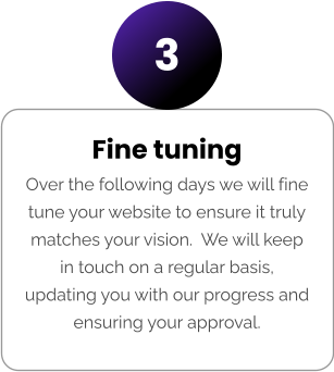 Fine tuning Over the following days we will fine tune your website to ensure it truly matches your vision.  We will keep in touch on a regular basis, updating you with our progress and ensuring your approval. 3